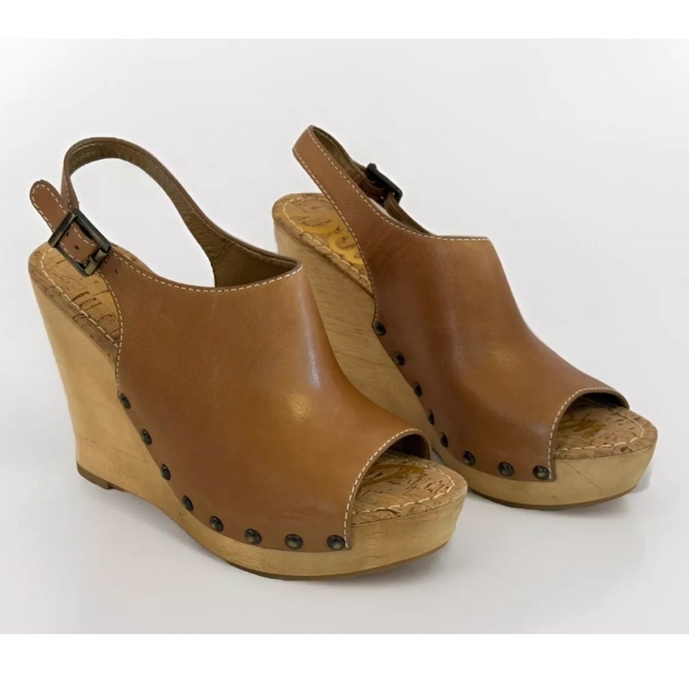 SAM EDELMAN Camilla Brown Y2K Wooden Studded Slingback Wedge Clogs Size 10 EU 40